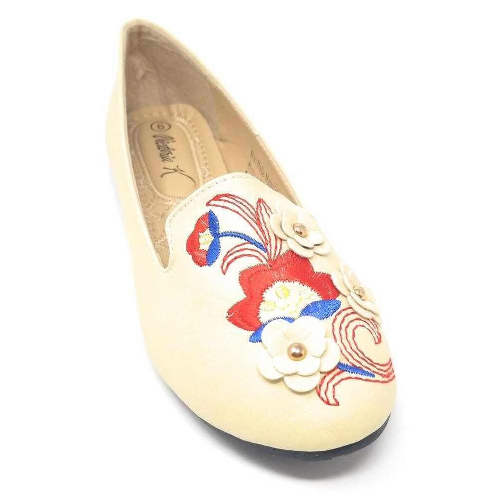 Victoria K Cream Floral Embroidered Flats